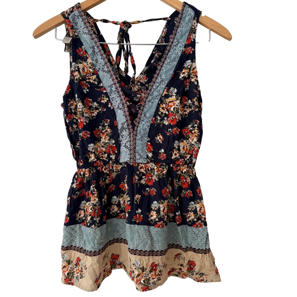 Angie Floral Boho Hippie Festival Lace Up V-Neck Peplum Tank Top Navy Blue Small